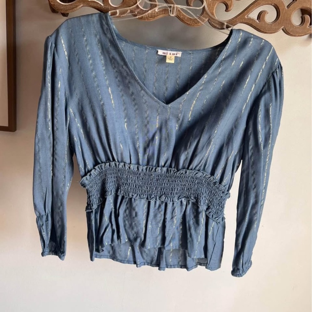 Miami Blue and Metallic Gold V-Neck Blouse